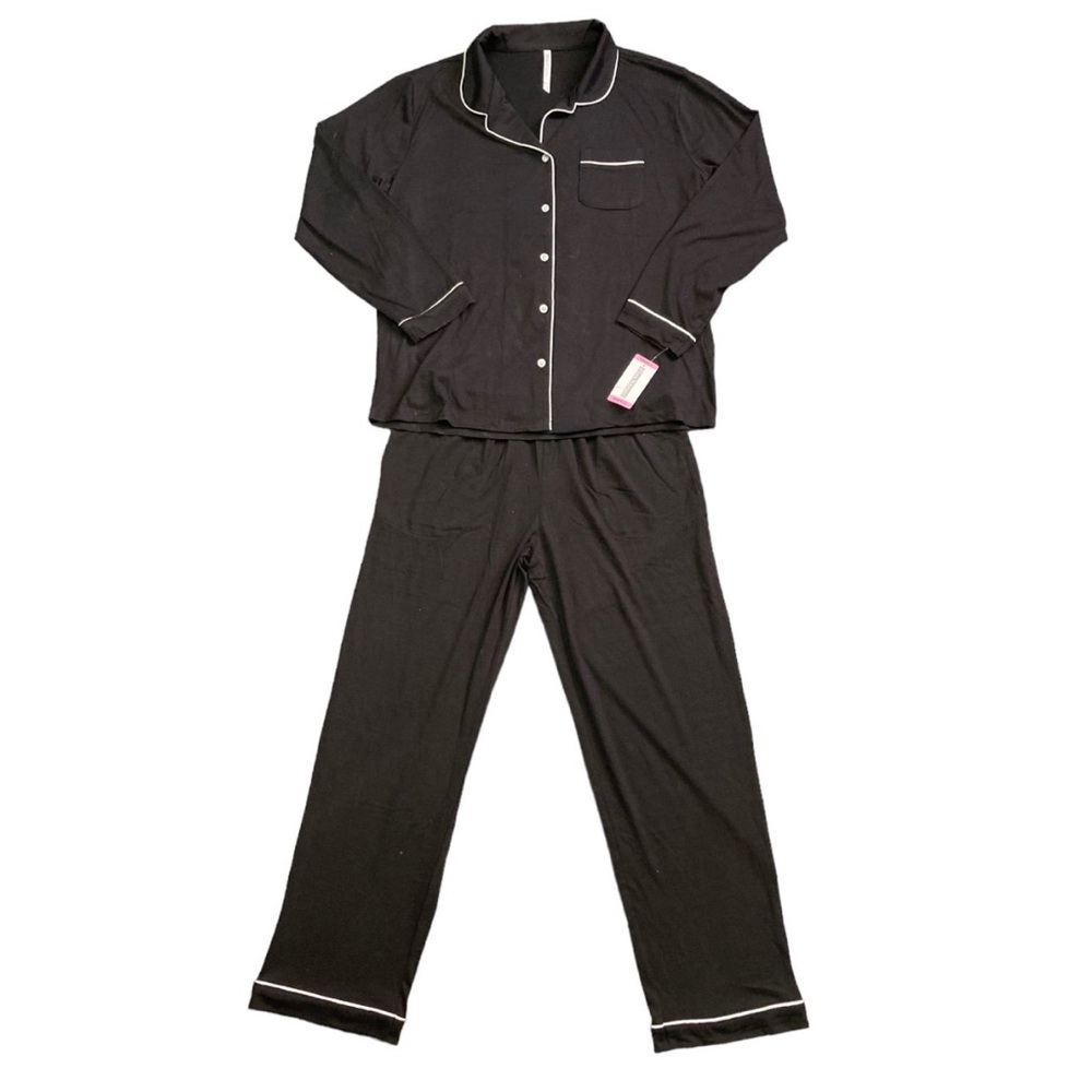 Flora Nikrooz Women's Long Sleeve Notch Collar 2 Piece Pajama Set (Black, L)
